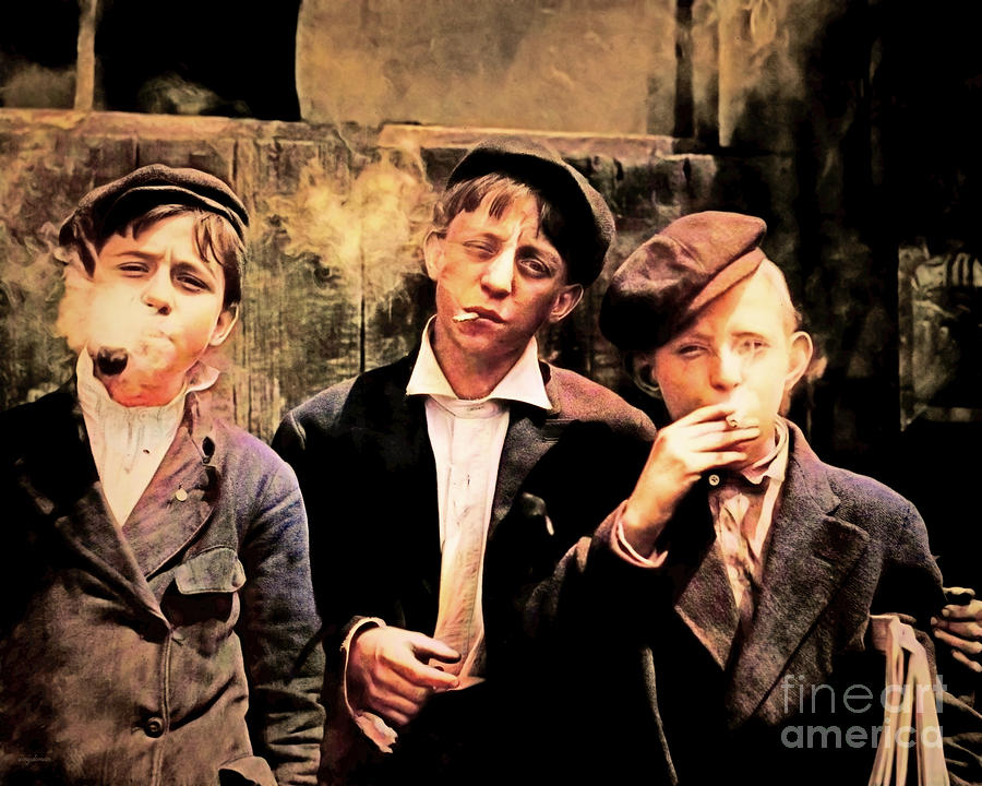 Newsies Smoking at Skeeters Branch St Louis 1910 by Lewis Hine Colorized 20210401 Photograph by Wingsdomain Art and Photography