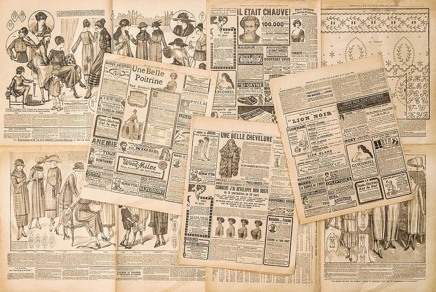 Newspaper Pages With Antique Advertising. Fashion Magazine Photograph
