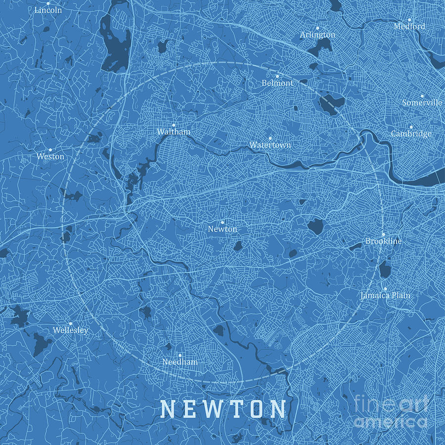 Newton Ma City Vector Road Map Blue Text Digital Art By Frank Ramspott 3074