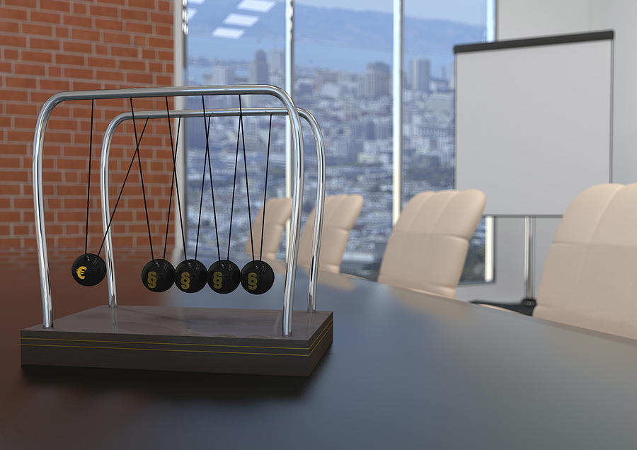 Newtons cradle with Euro symbol and paragraphs on conference table, 3d illustration Drawing by Westend61
