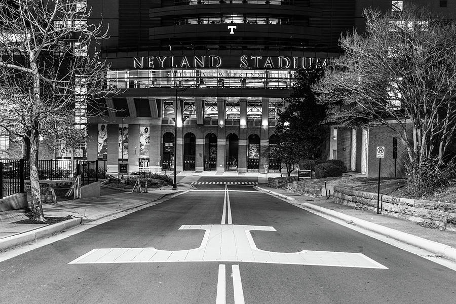 Neyland Stadium at the University of Tennessee at night in black and white Photograph by Eldon McGraw