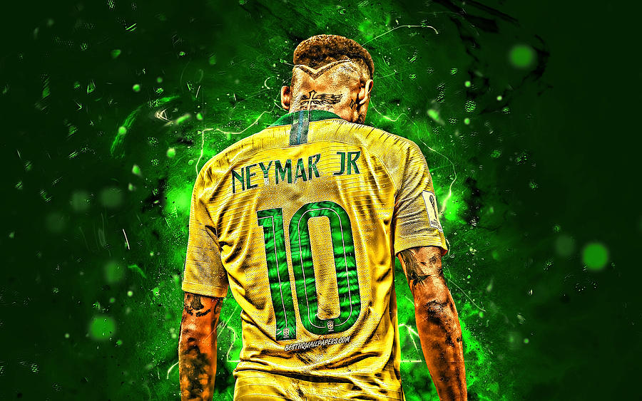 Neymar back view football stars Brazil National Team green background ...