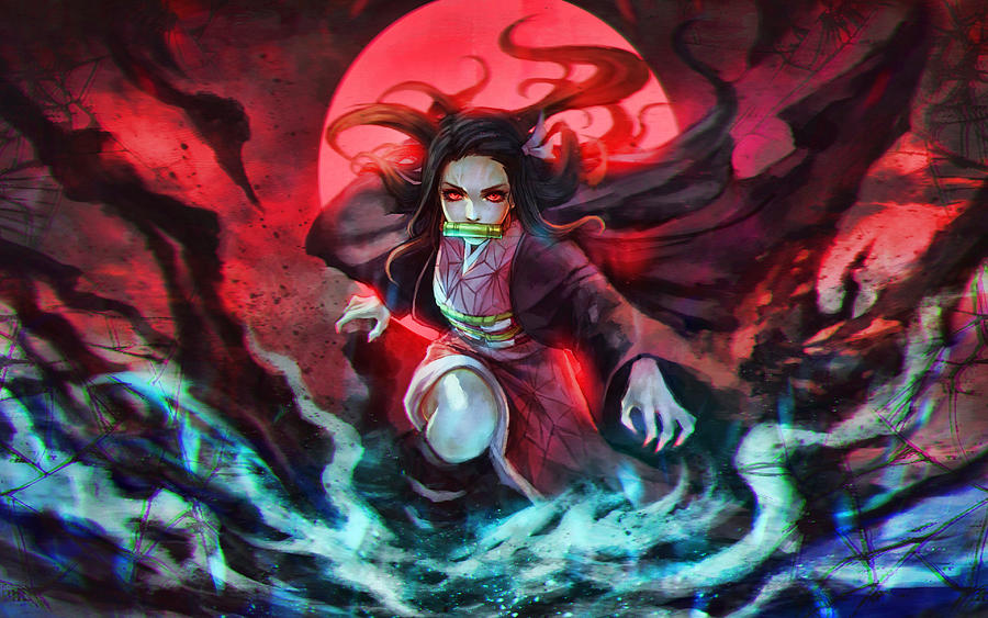 Nezuko Kamado 4k moon Demon Slayer Kimetsu no Yaiba manga red eyes ...