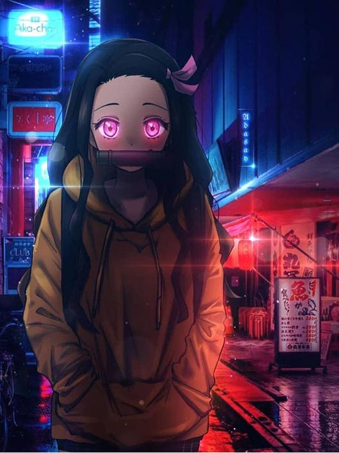 Nezuko Kamado Wearing Yellow Hoodie On The Street - Demon Slayer ...