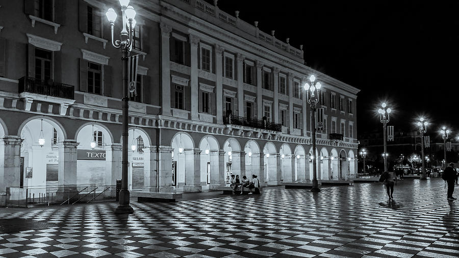 Nice, France at Night, Black and White Photograph by Marcy Wielfaert