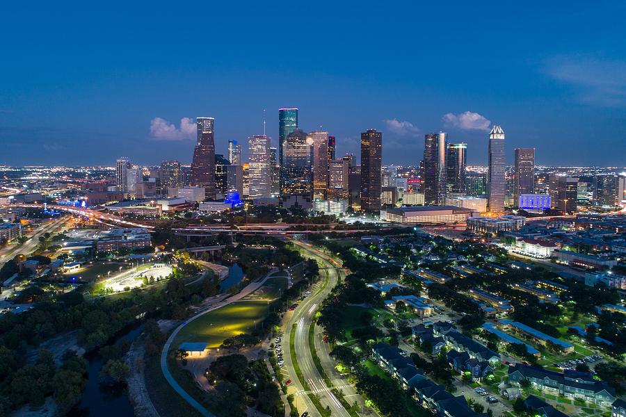 Night aerial view taking by drone of skyline downtown Houston , Texas in the evening Photograph by Duy Do