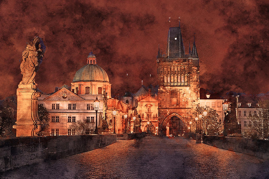 Architecture Painting - Night at Charles Bridge in Prague by Alex Mir