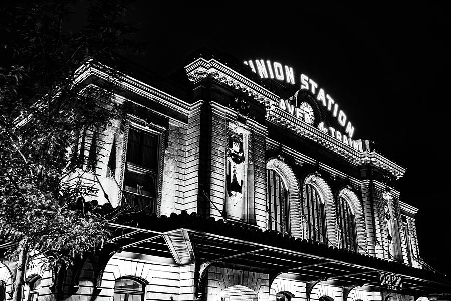 Night At Denver Union Station - Black and White Photograph by Gregory Ballos
