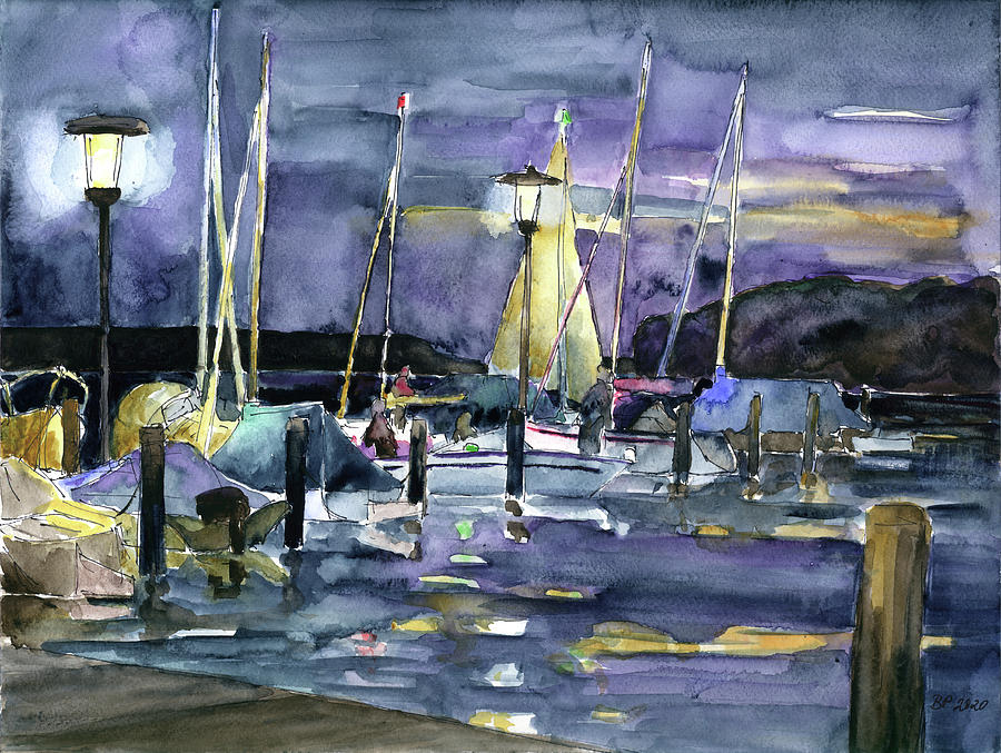 Night At The Marina  Painting by Barbara Pommerenke