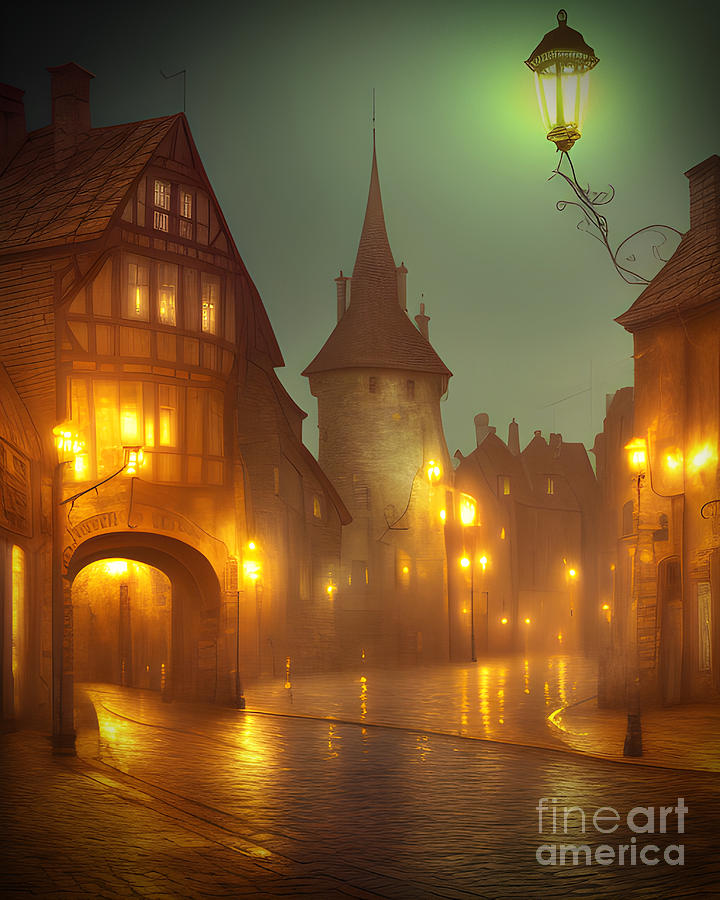 Night At The Medieval Town  Digital Art by Claudia Zahnd-Prezioso