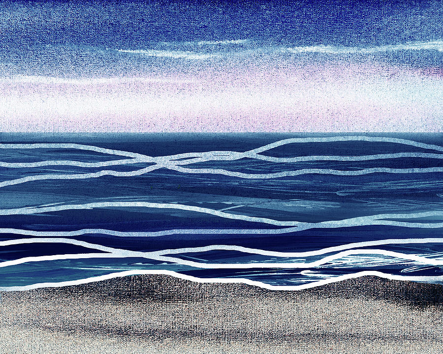 Night Beach Walk At The Ocean Shore Seascape Blue Landscape Decor VI Painting by Irina Sztukowski