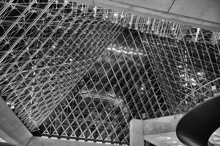Night Beneath the Glass Pyramid The Louvre Museum Paris France Black and White Photograph by Shawn OBrien