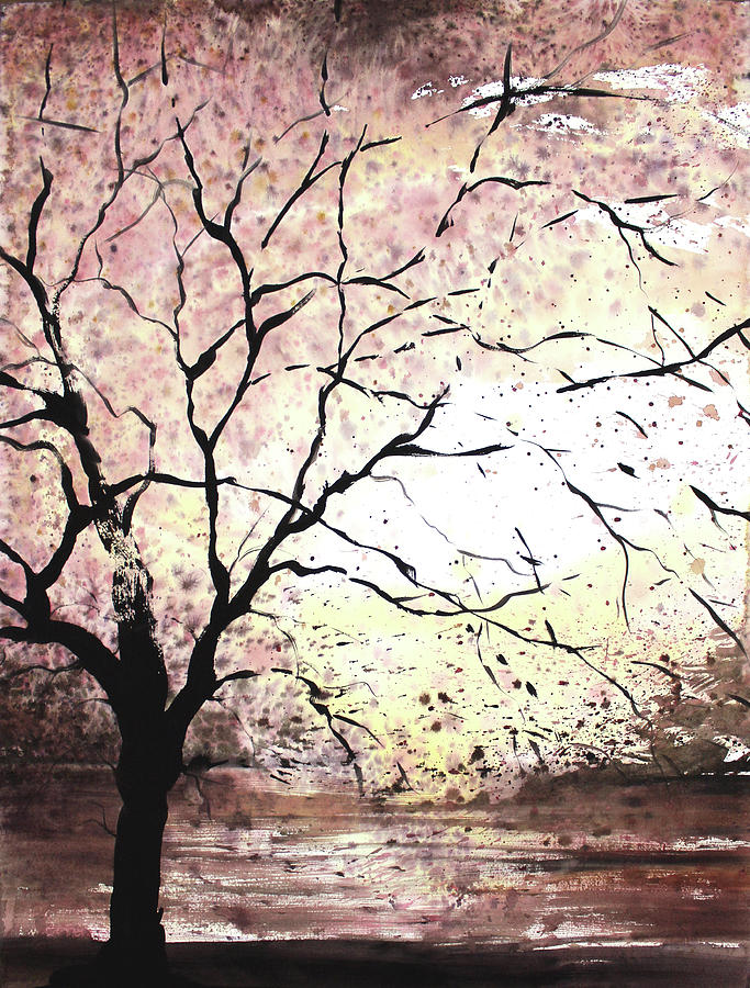 Night Cherry Tree Triptych 2 Of 3 Middle Painting by Sumiyo Toribe