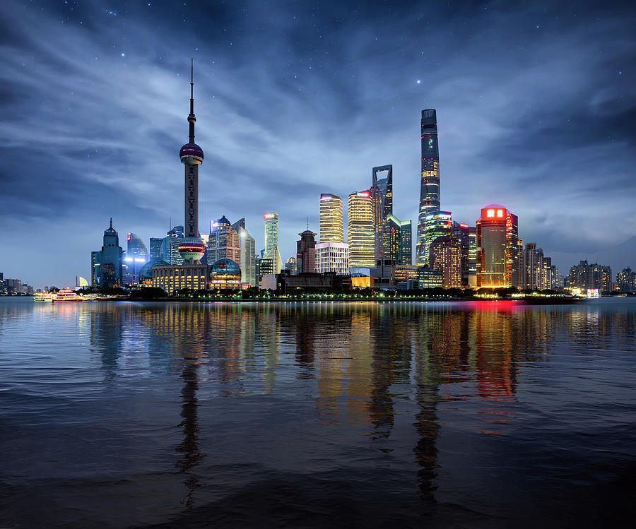 Night Cityscape of Shanghai, China city skyline  Photograph by Anek Suwannaphoom