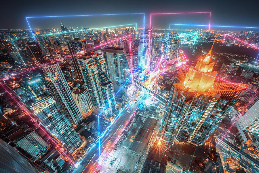 Night  cityscape with Neon light and  Futuristic digital design Photograph by MR.Cole_Photographer