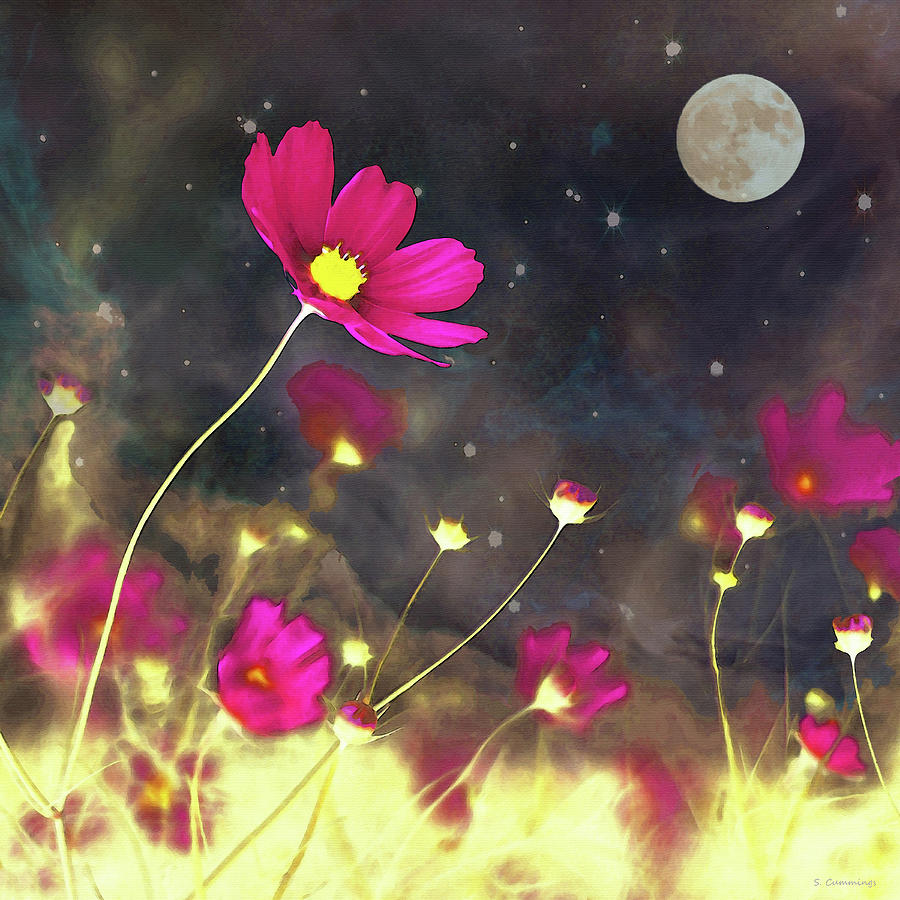 Night Cosmos Flower Art Painting by Sharon Cummings