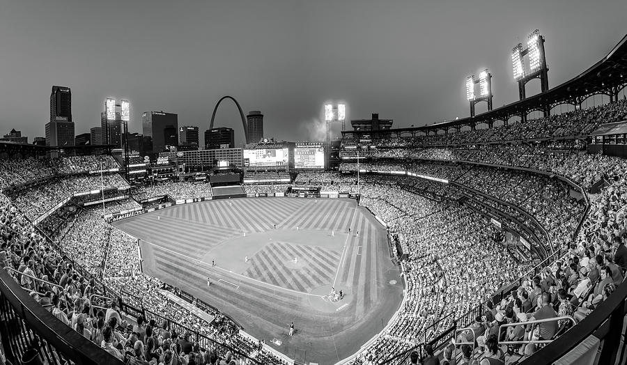 Night Game At Busch Stadium Overlooking The Saint Louis Skyline - Monochrome Panorama Photograph