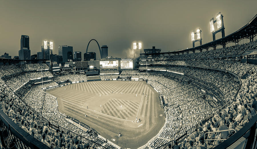 Black And White Photograph - Night Game at Busch Stadium Overlooking The Saint Louis Skyline - Sepia Panorama by Gregory Ballos