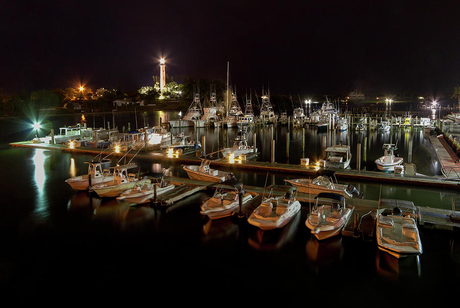 Juno Photograph - Night Harbor with the Jupiter Lighthouse by Debra and Dave Vanderlaan