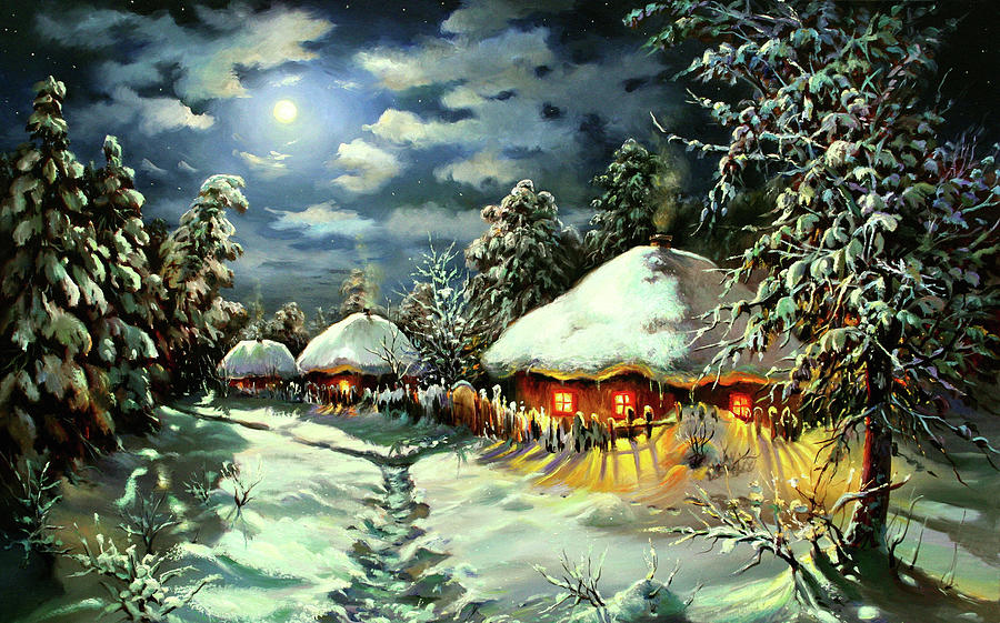 Winter Painting - Night in a Snowy Hamlet by Serhiy Kapran