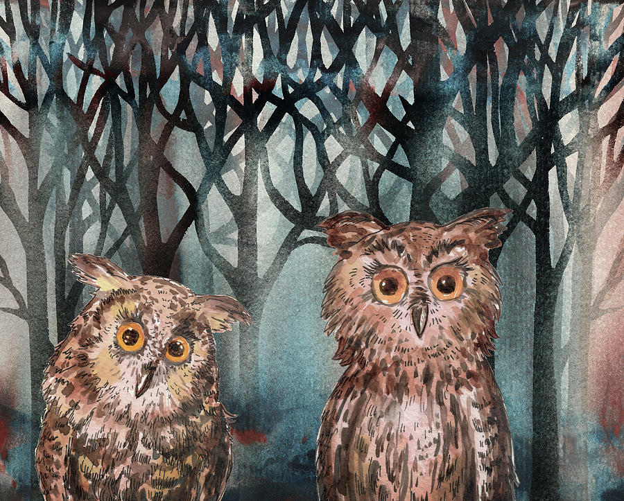 Night In The Forest Two Owl Birds Watch Patrol Watercolor  Painting by Irina Sztukowski