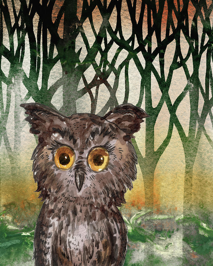 Night Is Coming Ready For Watch Baby Owl Watercolor  Painting by Irina Sztukowski