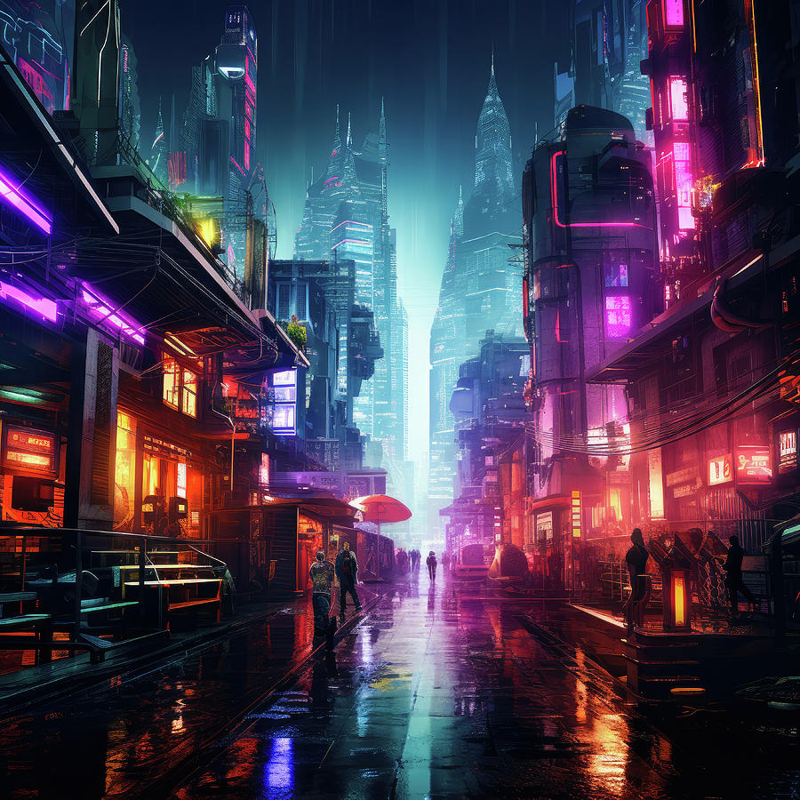 Night Lights 01 Futuristic Neon City Digital Art by Matthias Hauser