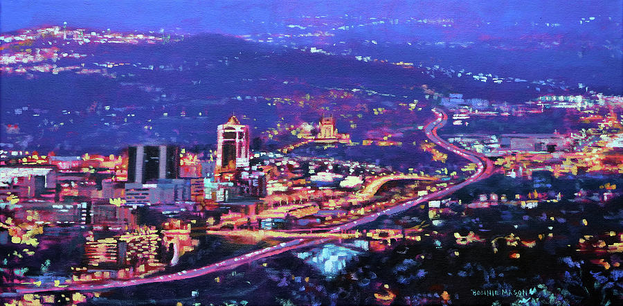 Night Lights - City Lights of Roanoke Virginia from Mill Mountain Painting by Bonnie Mason