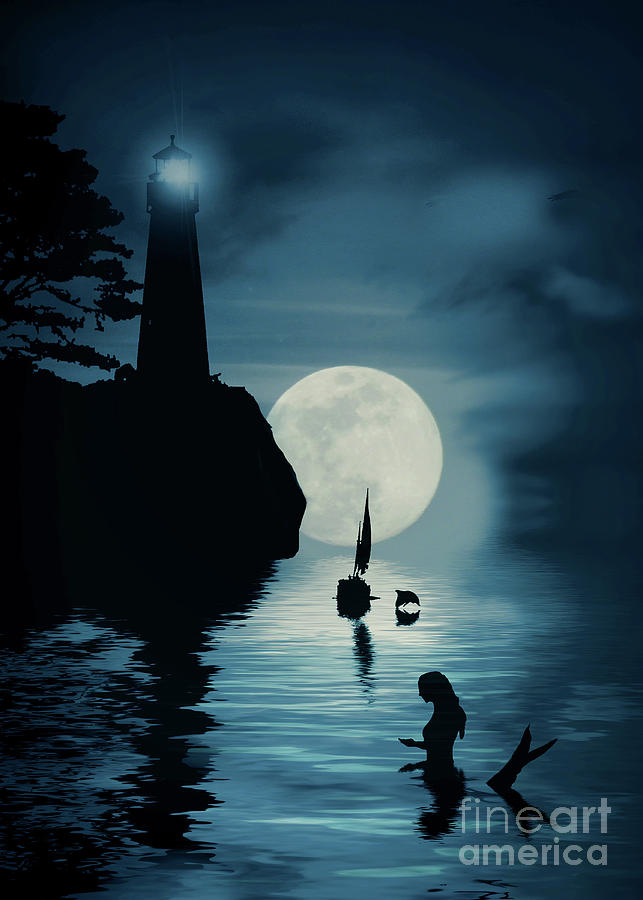 Night, Mermaid, Sailboat, Lighthouse and Dolphin in the Moonlight Photograph by Stephanie Laird