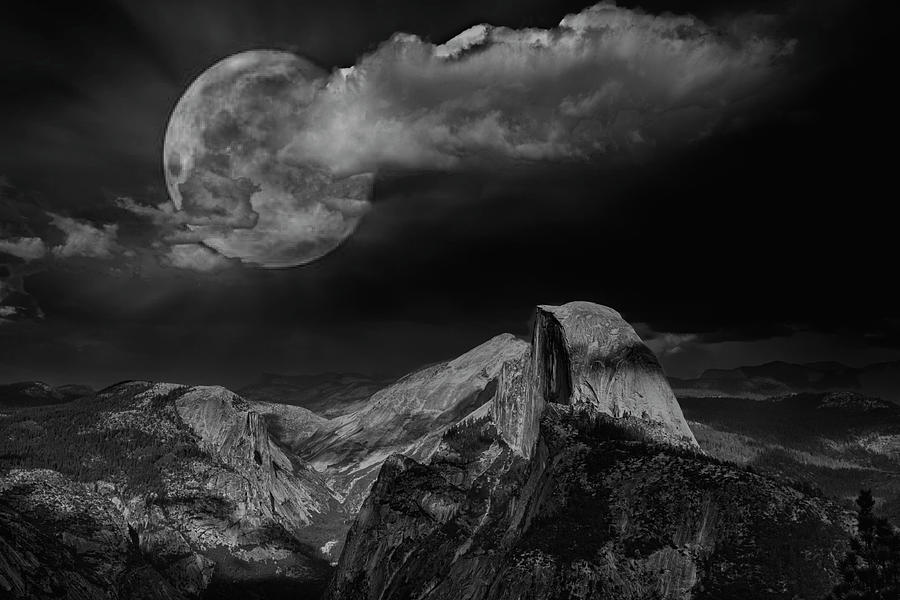 Night Moods Yosemite Moon Glow Black White  Mixed Media by Chuck Kuhn