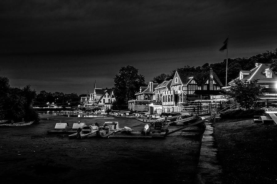 Night on Boathouse Row - Philadelphia Pa in Black and White Photograph by Bill Cannon