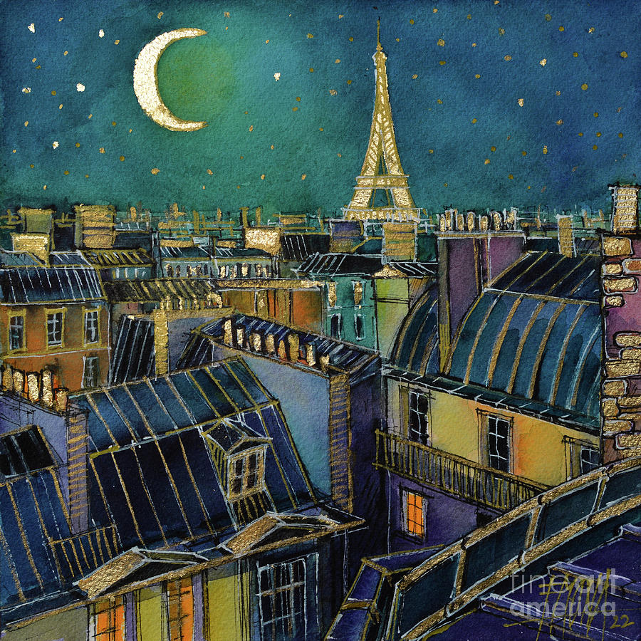 NIGHT ON THE PARIS ROOFTOPS watercolor painting and gold leaf Mona Edulesco Painting by Mona Edulesco
