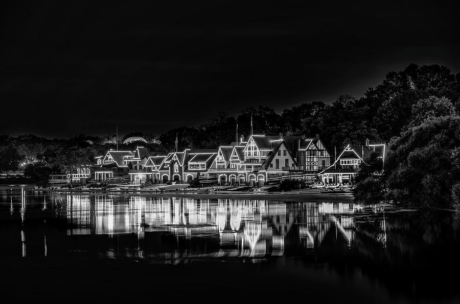 Night on the Schuylkill River - Boathouse Row in Black and White Photograph by Bill Cannon