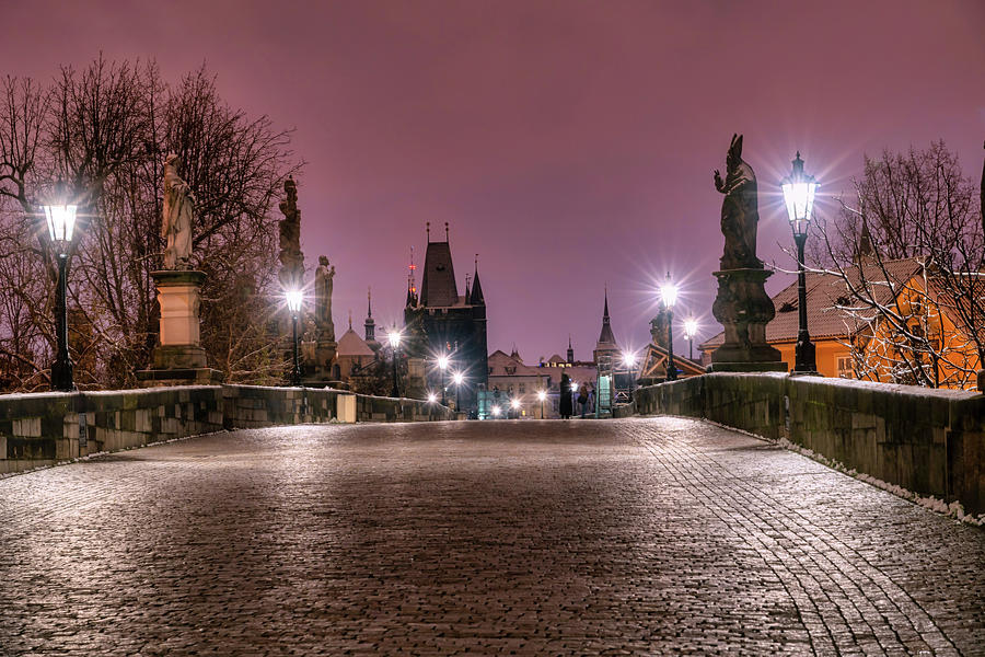Night Prague in Snow - Charles Bridge Photograph by Jenny Rainbow