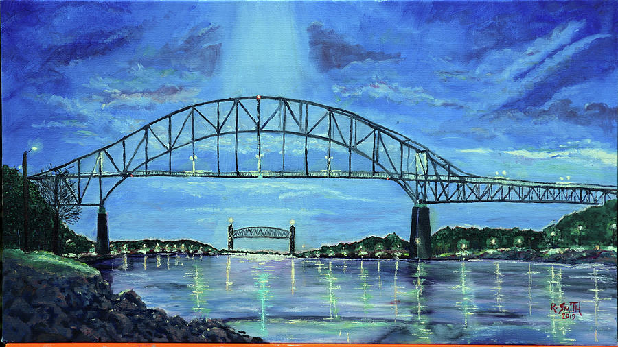 Cape Cod Painting - Night Reflections of the Sagamore and Railroad Bridges, Cape Cod Canal at Night by Robert Smith