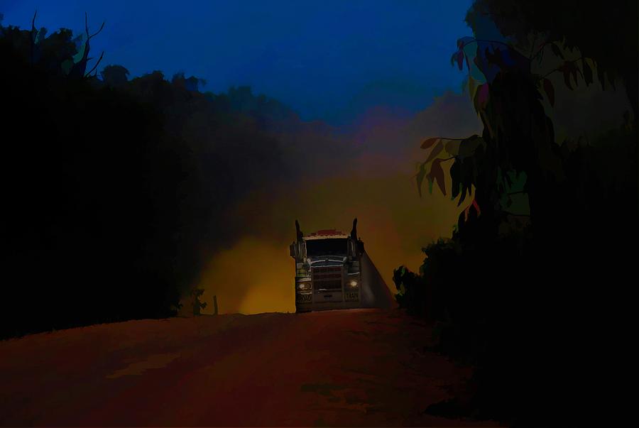 Night Road Train to Pormpuraaw Cape York Queensland Australia Mixed Media by Joan Stratton