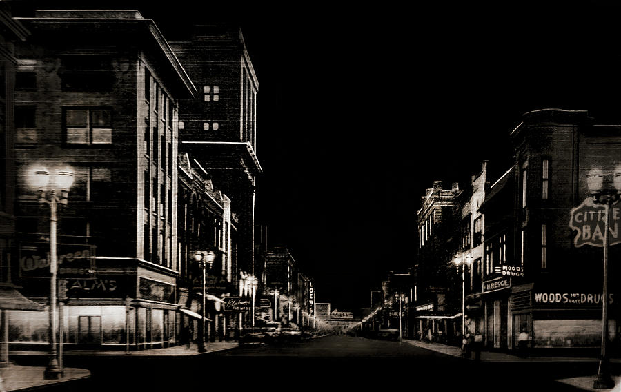 Black And White Photograph - Night Scene Downtown Main Street by Susan Hope Finley