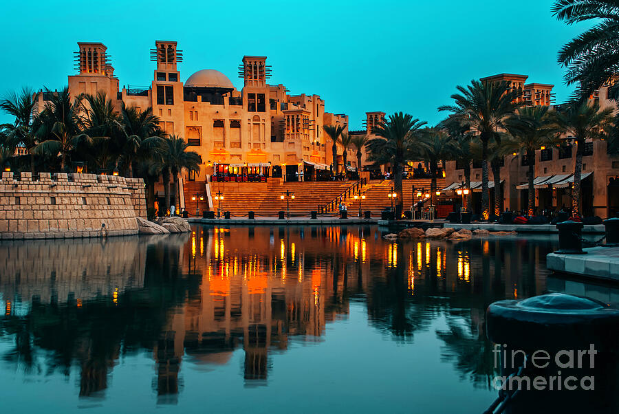 Night scene of Madinat Jumeirah with water reflection, Dubai, UA Photograph by Jelena Jovanovic Night scene of Madinat Jumeirah with water reflection, Dubai, UA Photograph by Jelena Jovanovic