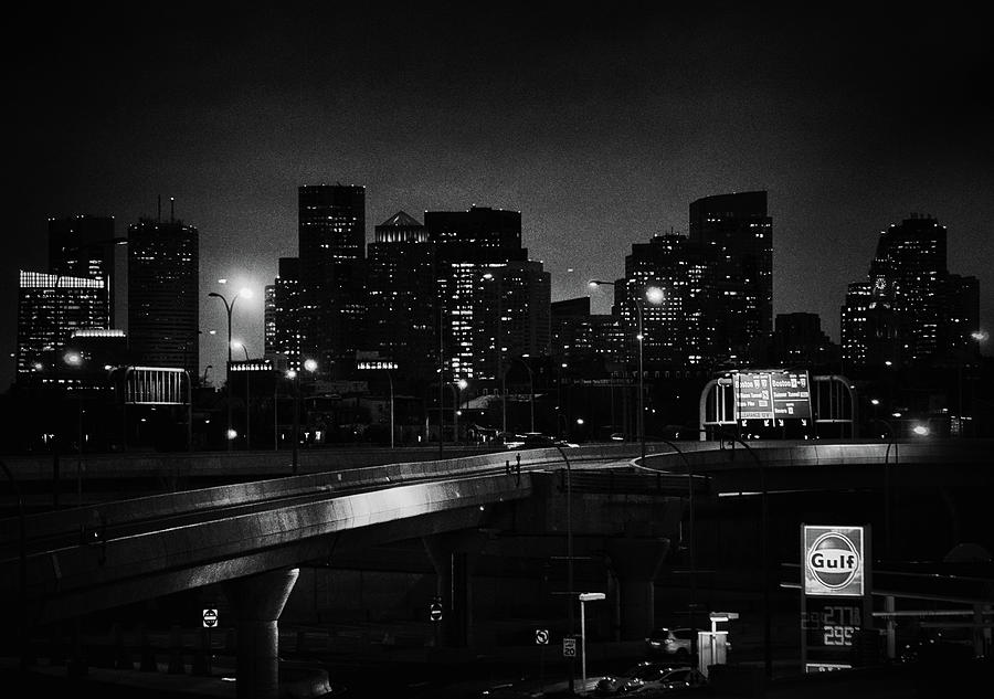 Night Silhouette of Boston Massachusetts Downtown Skyline Noir Black and White Photograph by Shawn OBrien