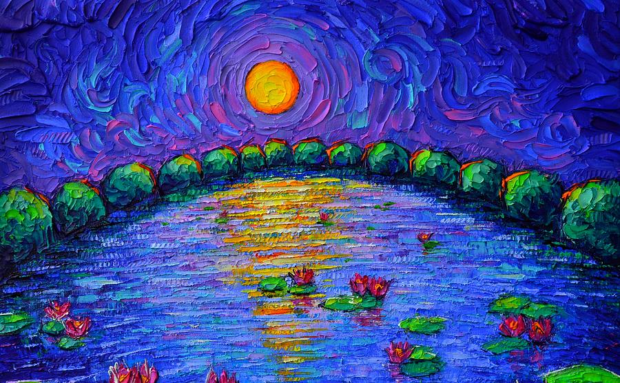 NIGHT SKY MIRRORING ON MOON LAKE abstract moon art palette knife oil painting Ana Maria Edulescu Painting by Ana Maria Edulescu