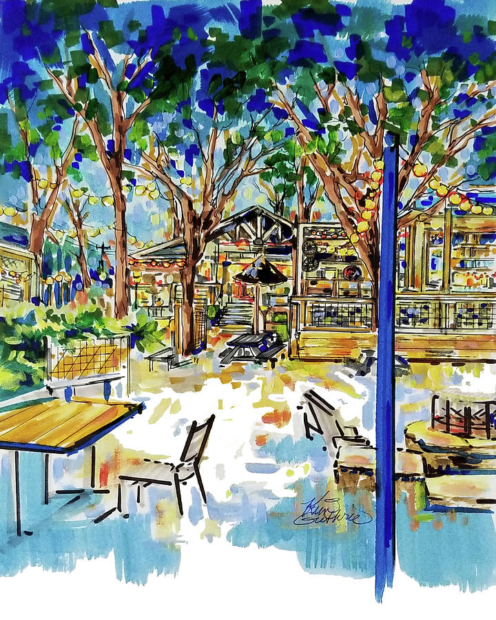 Night-time At The Yard Eatery In Mckinney Watercolor Painting Painting