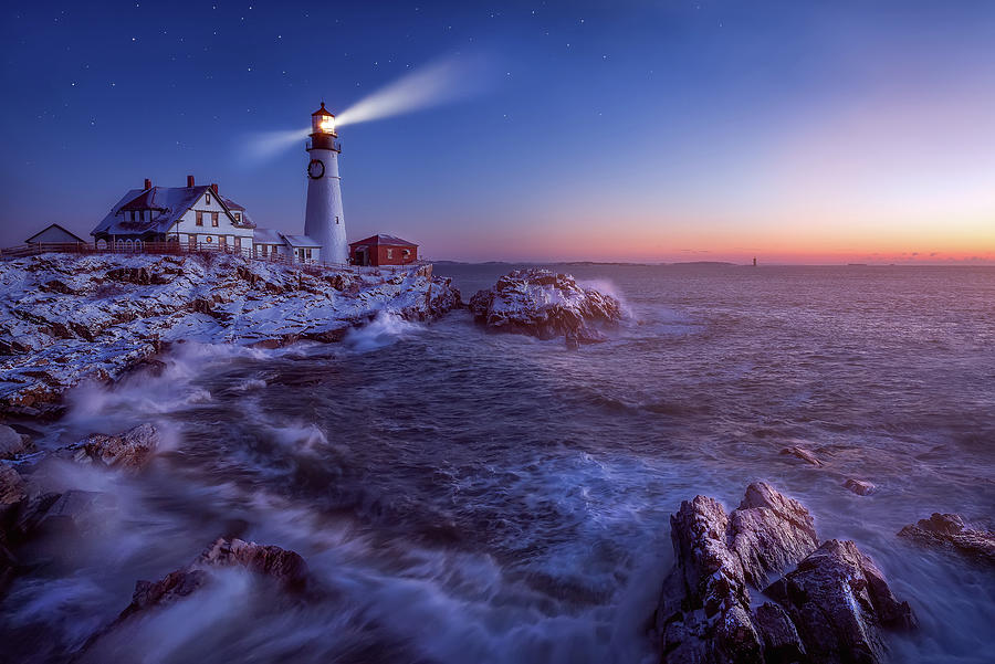 Winter Photograph - Night Turns Into Day At Portland Head Light by Jeff Bazinet