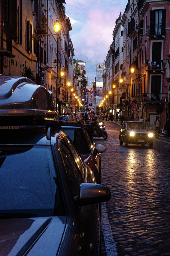 Night view of a street and traffic in Rome Photograph by Adelaide Lin