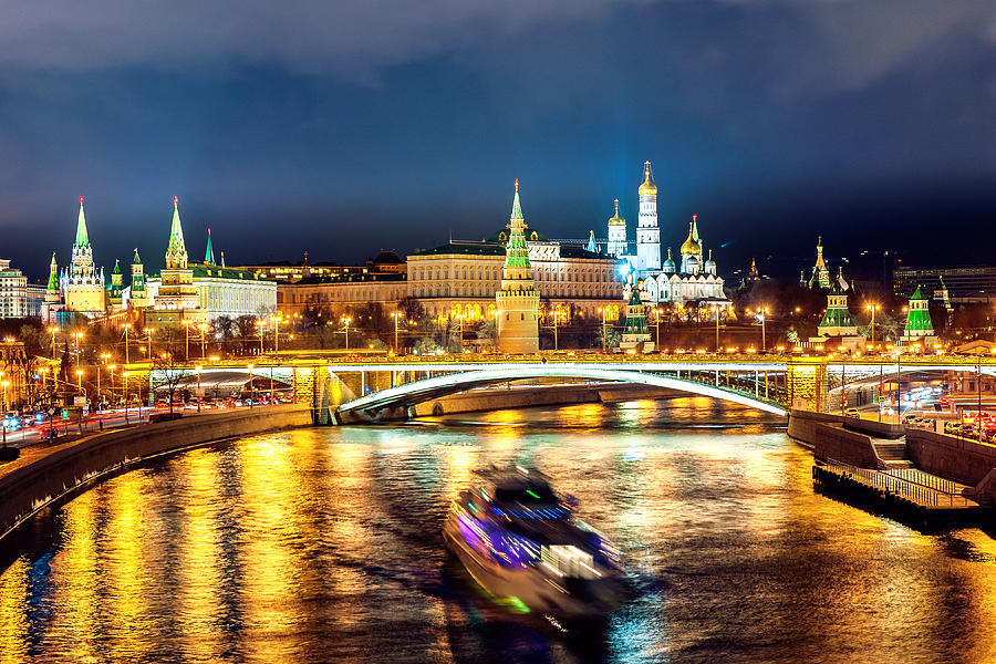 Night View of Moscva River and Kremlin,Moscow, Russia Photograph by Pavliha