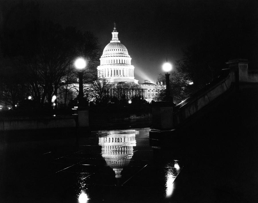 Night View Of The Capitol In The Rain - Theodor Horydczak Circa 1923 Photograph by War Is Hell Store