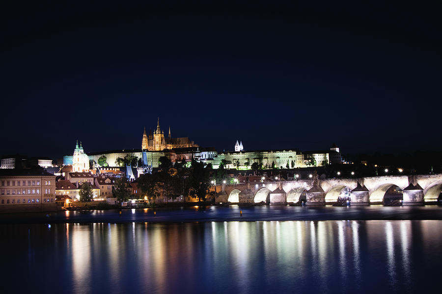 Night view of the old town of Prague with Prague Castle Photograph by Vaclav Sonnek