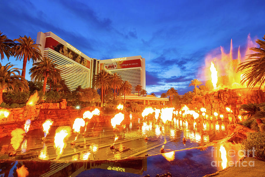 Architecture Photograph - Night Volcano fire show of The Mirage by Chon Kit Leong
