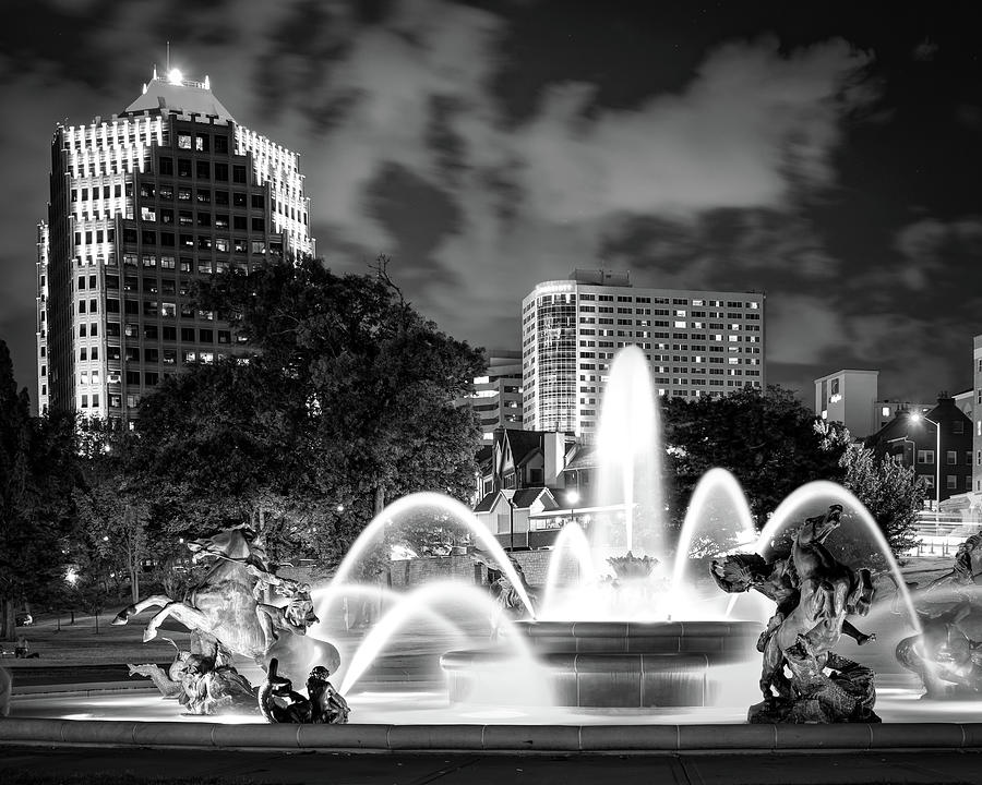 Nightfall Symphony - The Illuminated Memorial Fountain In Monochrome Photograph by Gregory Ballos