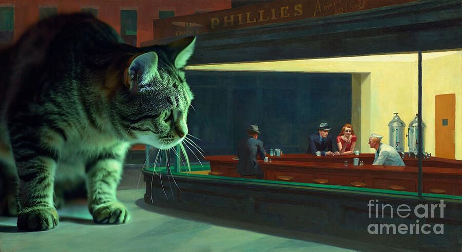 Nighthawks, beware of the cat Painting by Delphimages Photo Creations