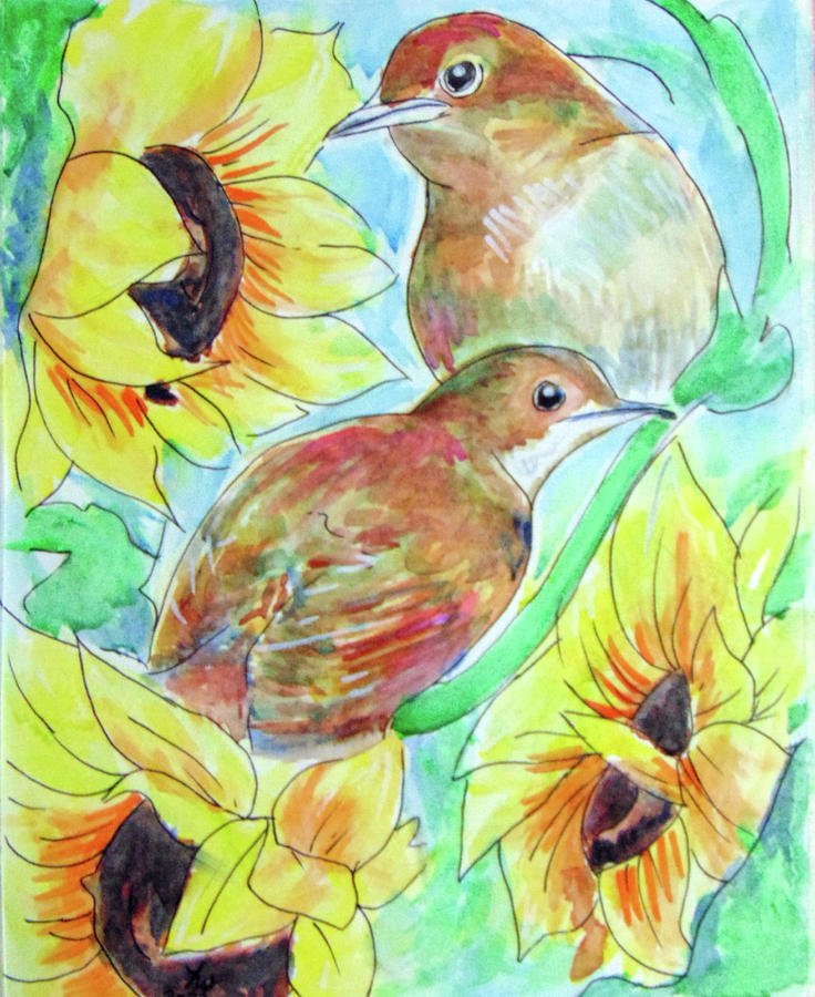 Nightingales and sunflowers Painting by Loretta Nash